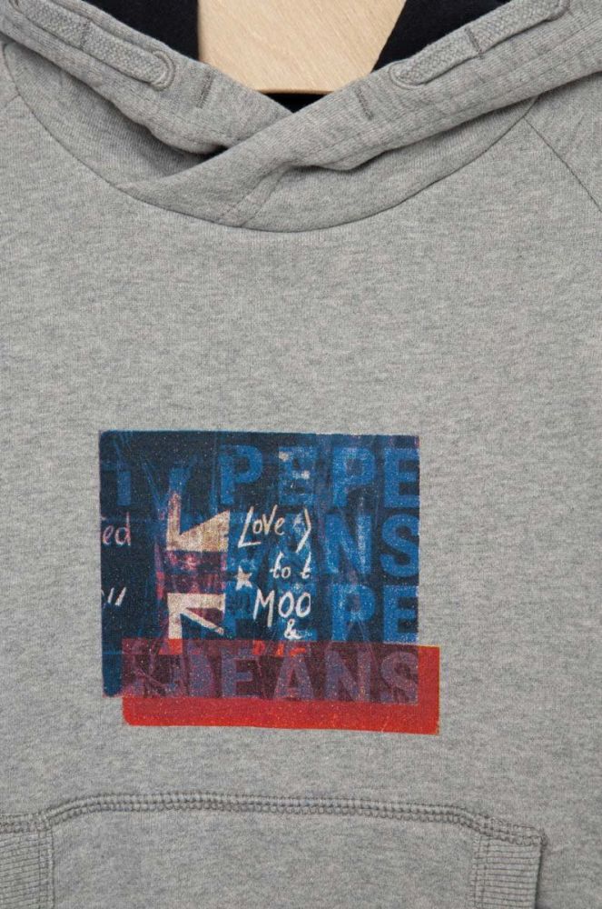 Дитяча бавовняна кофта Pepe Jeans Omar колір сірий з капюшоном з принтом фото 3