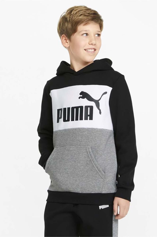 Дитяча кофта Puma колір чорний з капюшоном візерунок