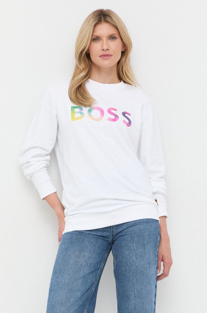Бавовняна кофта BOSS жіноча колір білий з принтом (2531282)
