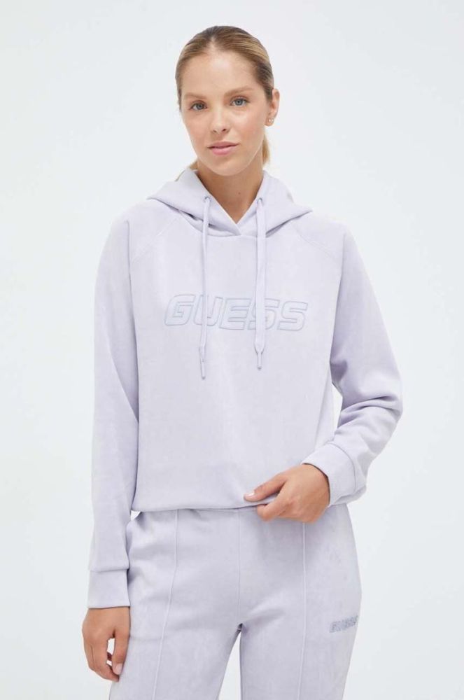 Кофта Guess жіноча з капюшоном з аплікацією колір фіолетовий фото 4