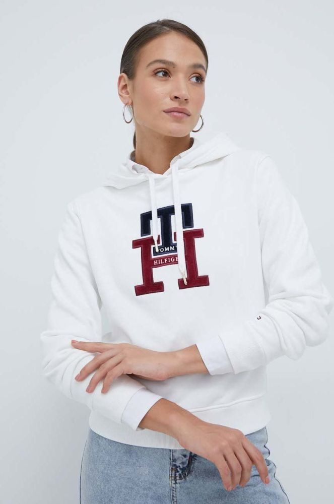 Бавовняна кофта Tommy Hilfiger жіноча колір білий з капюшоном з аплікацією (2800842)