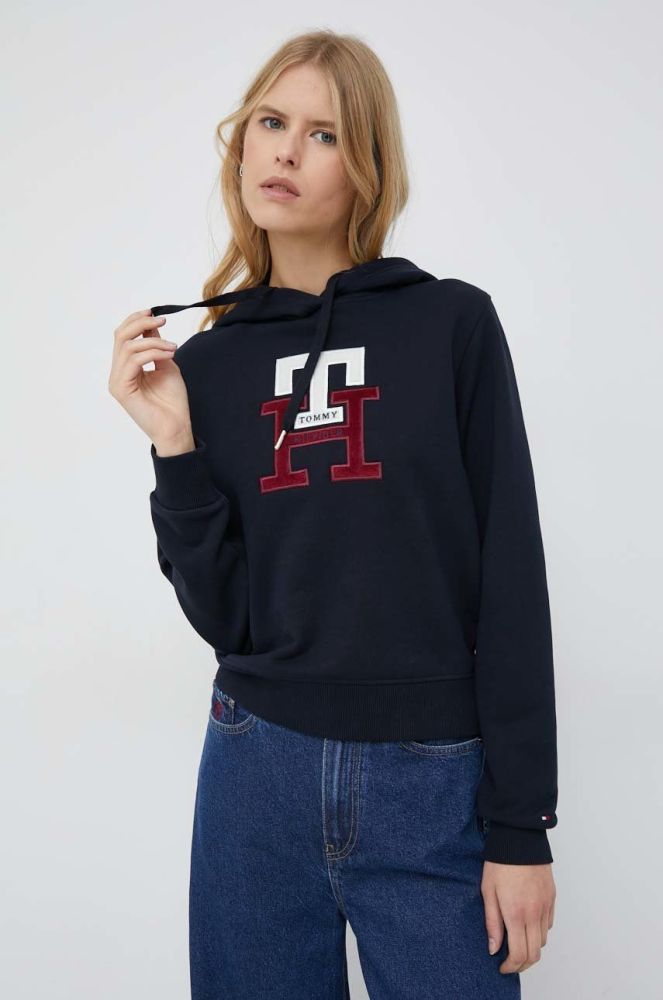 Бавовняна кофта Tommy Hilfiger жіноча колір синій з капюшоном з аплікацією (2800829)