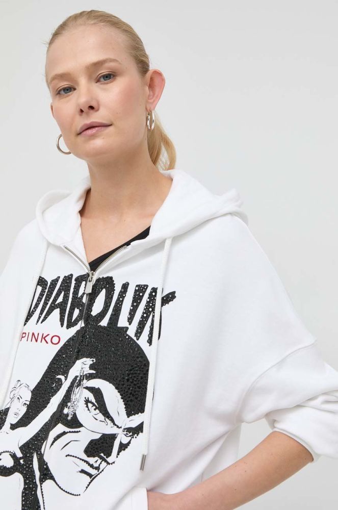 Бавовняна кофта Pinko x Diabolik жіноча колір білий з капюшоном з аплікацією