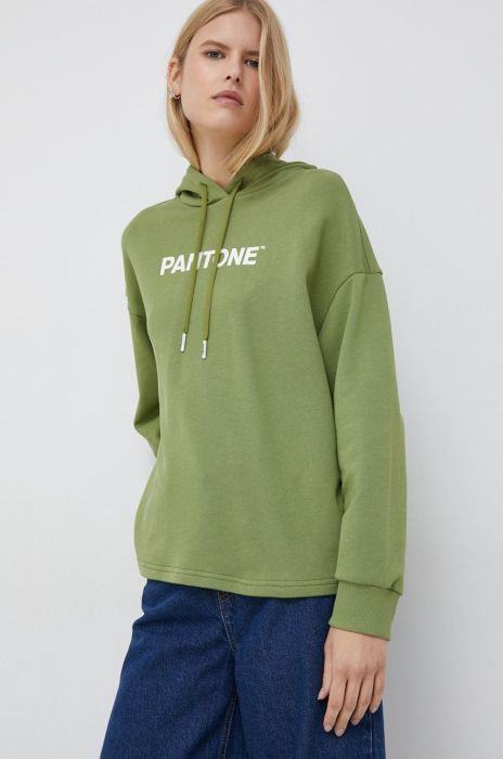 Бавовняна кофта United Colors of Benetton X Pantone жіноча колір зелений з капюшоном з принтом