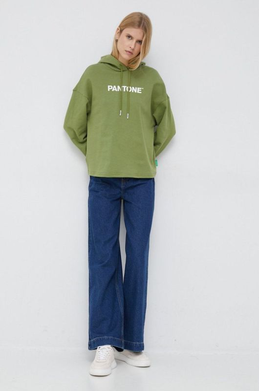 Бавовняна кофта United Colors of Benetton X Pantone жіноча колір зелений з капюшоном з принтом фото 2