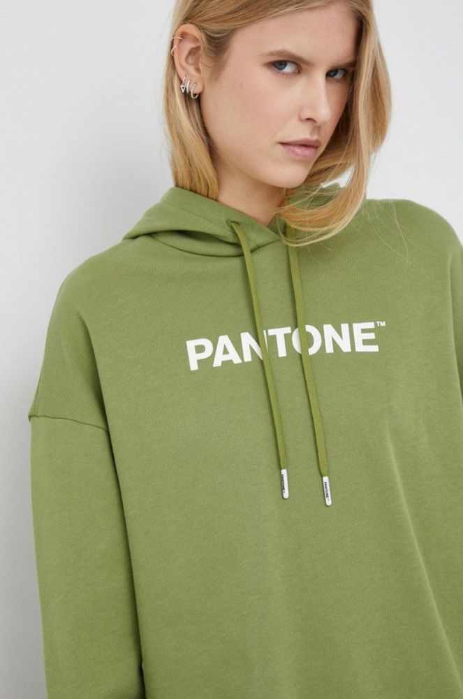 Бавовняна кофта United Colors of Benetton X Pantone жіноча колір зелений з капюшоном з принтом фото 4