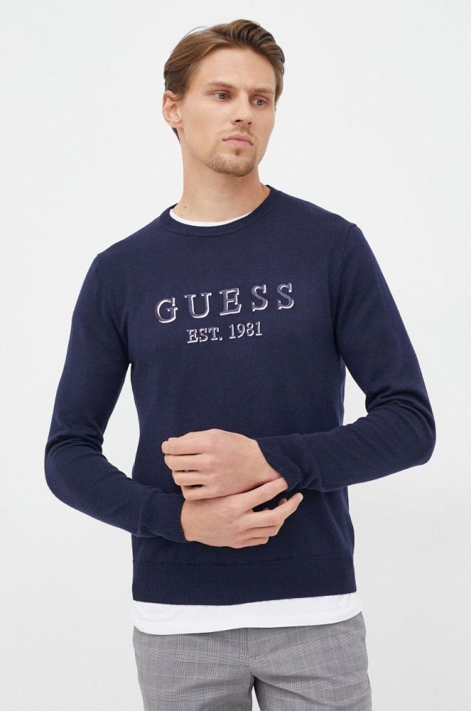 Светр з домішкою вовни Guess чоловічий колір синій легкий (2454713)