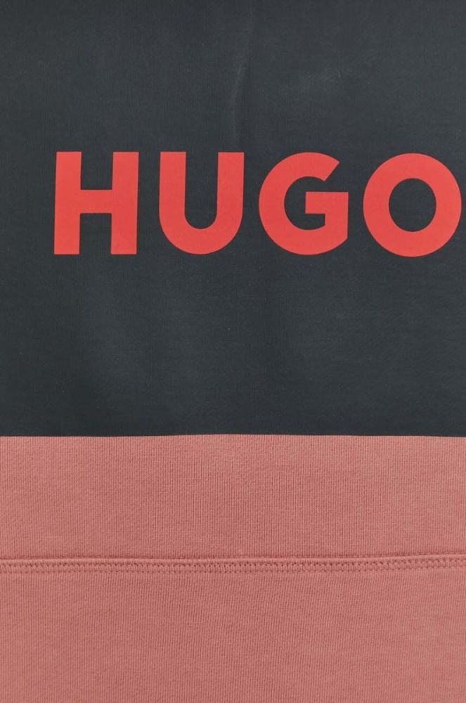 Бавовняна кофта HUGO чоловіча колір рожевий з капюшоном з принтом фото 5