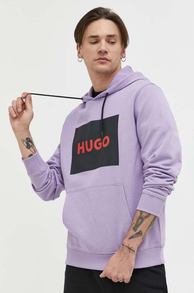 Бавовняна кофта HUGO чоловіча колір фіолетовий з капюшоном з принтом