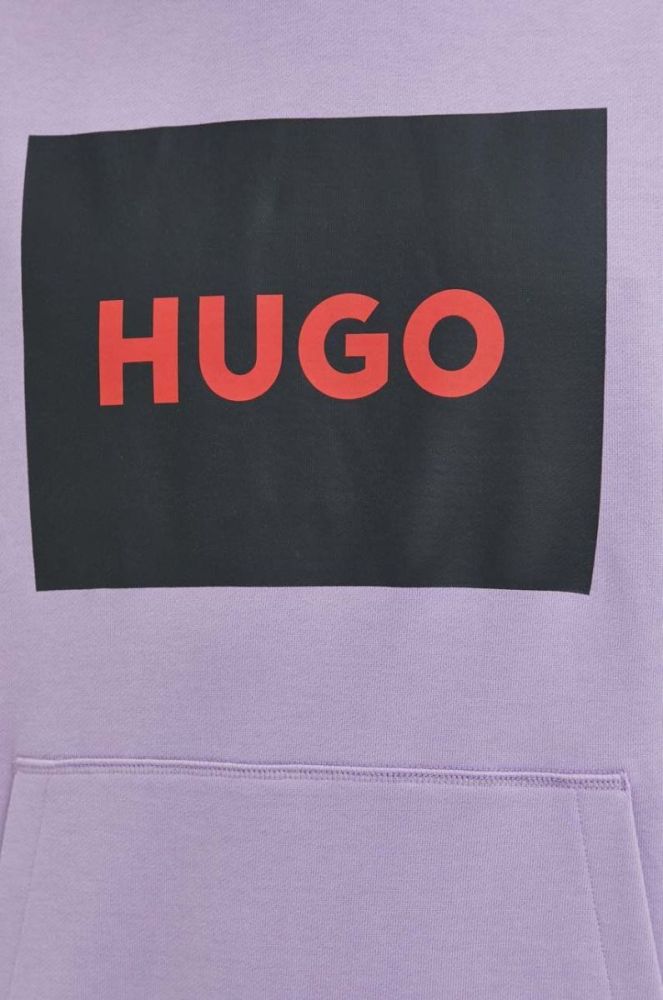 Бавовняна кофта HUGO чоловіча колір фіолетовий з капюшоном з принтом фото 5