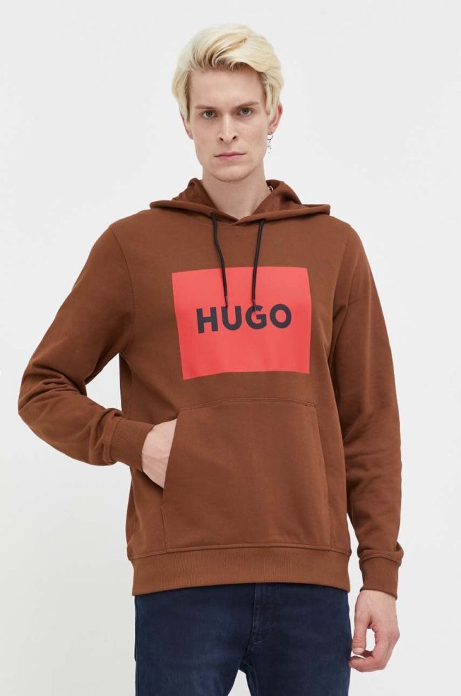 Бавовняна кофта HUGO чоловіча колір коричневий з капюшоном з принтом