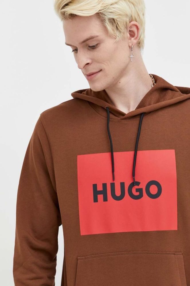 Бавовняна кофта HUGO чоловіча колір коричневий з капюшоном з принтом фото 4