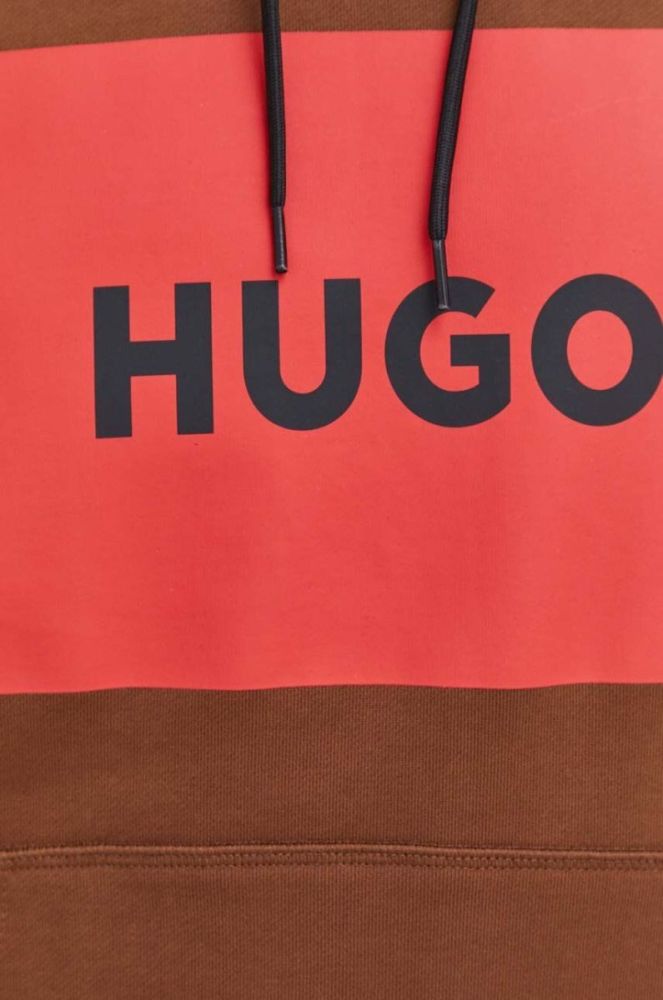 Бавовняна кофта HUGO чоловіча колір коричневий з капюшоном з принтом фото 5