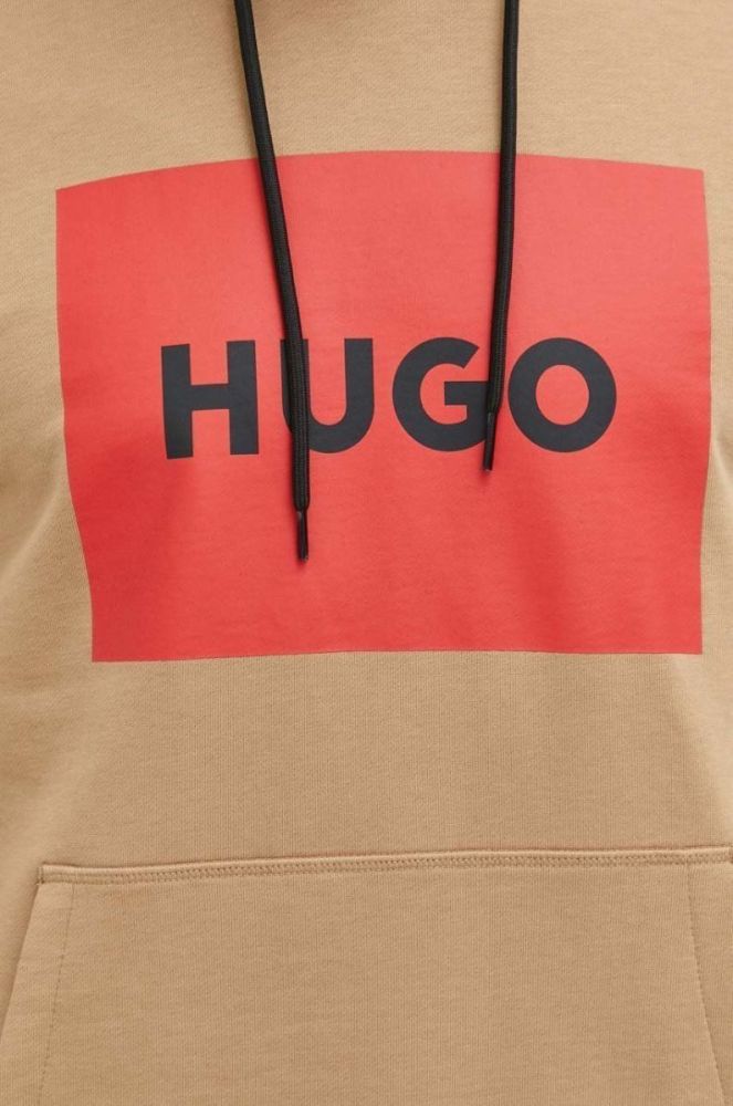 Бавовняна кофта HUGO чоловіча колір сірий з капюшоном з принтом фото 5