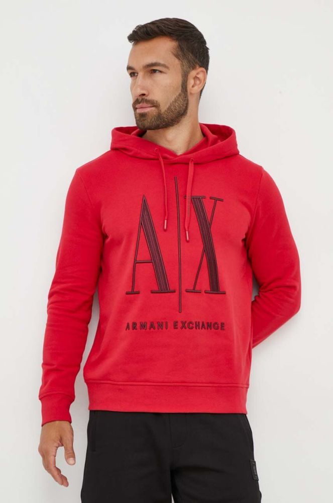 Бавовняна кофта Armani Exchange чоловіча колір червоний з капюшоном з принтом