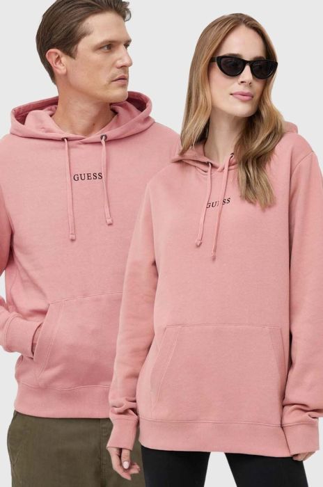 Кофта Guess чоловіча колір рожевий з капюшоном з принтом