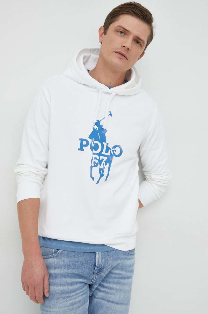 Кофта Polo Ralph Lauren чоловіча колір білий з капюшоном з принтом (2849621)