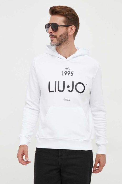 Бавовняна кофта Liu Jo чоловіча колір білий з капюшоном з принтом
