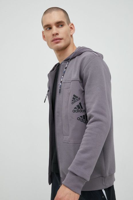 Кофта adidas Performance чоловіча колір сірий з капюшоном з принтом