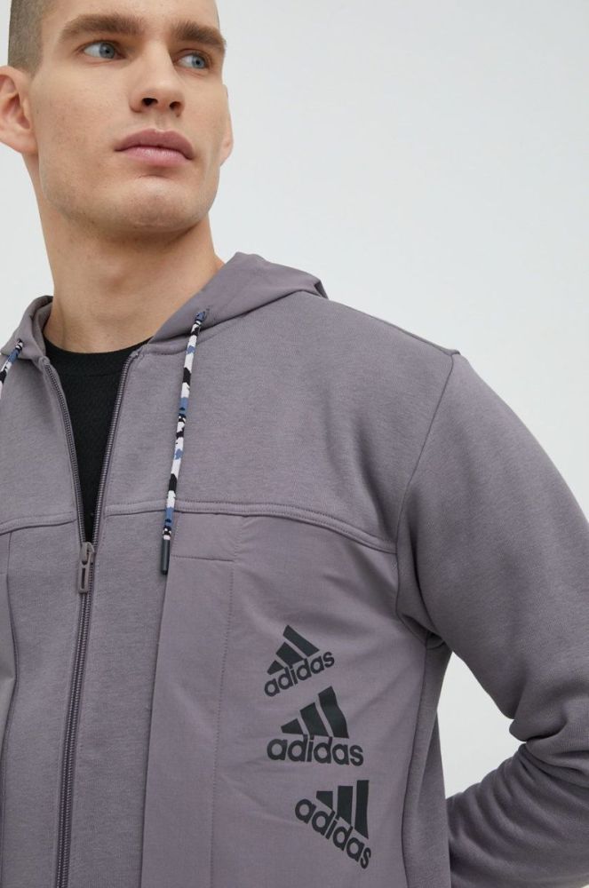 Кофта adidas Performance чоловіча колір сірий з капюшоном з принтом фото 5