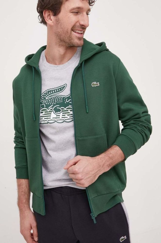 Кофта Lacoste чоловіча колір зелений з капюшоном однотонна фото 2