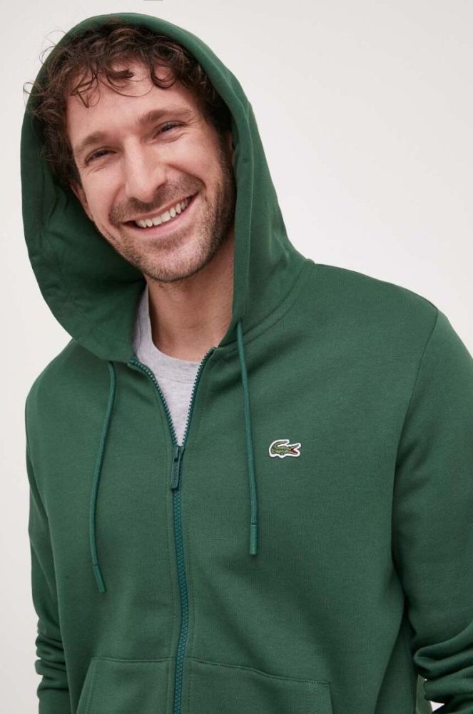 Кофта Lacoste чоловіча колір зелений з капюшоном однотонна фото 4