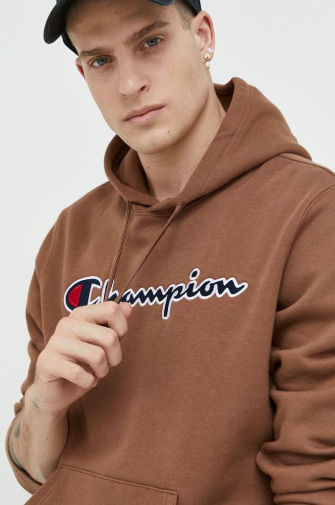 Бавовняна кофта Champion чоловіча колір коричневий з капюшоном з аплікацією фото 4