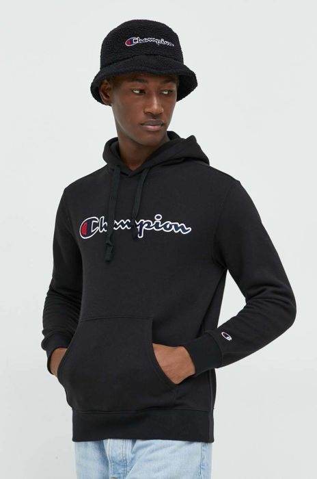 Бавовняна кофта Champion чоловіча колір чорний з капюшоном з аплікацією