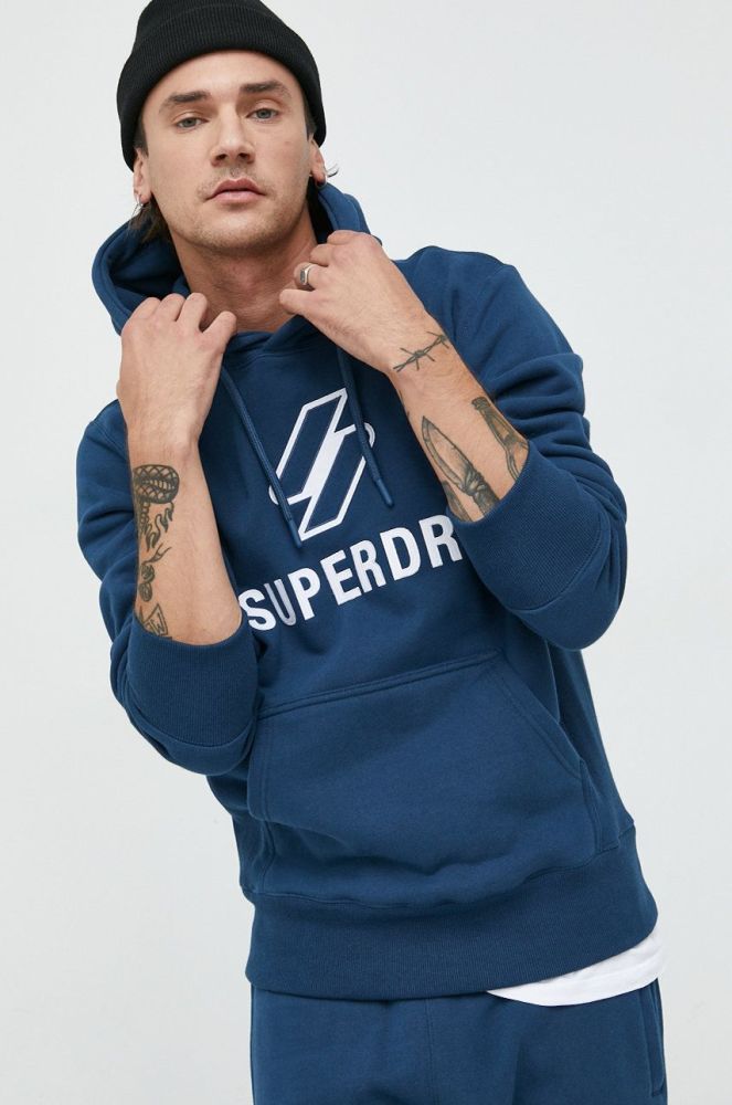 Бавовняна кофта Superdry чоловіча колір синій з капюшоном з аплікацією