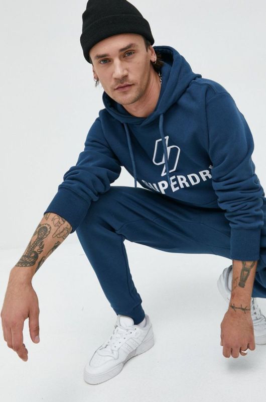 Бавовняна кофта Superdry чоловіча колір синій з капюшоном з аплікацією фото 2