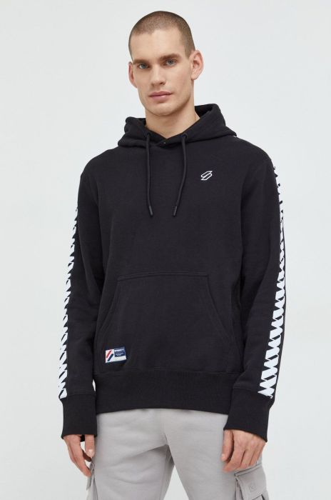 Бавовняна кофта Superdry чоловіча колір чорний з капюшоном з аплікацією