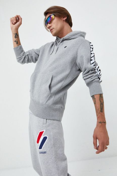 Бавовняна кофта Superdry чоловіча колір сірий з капюшоном з аплікацією