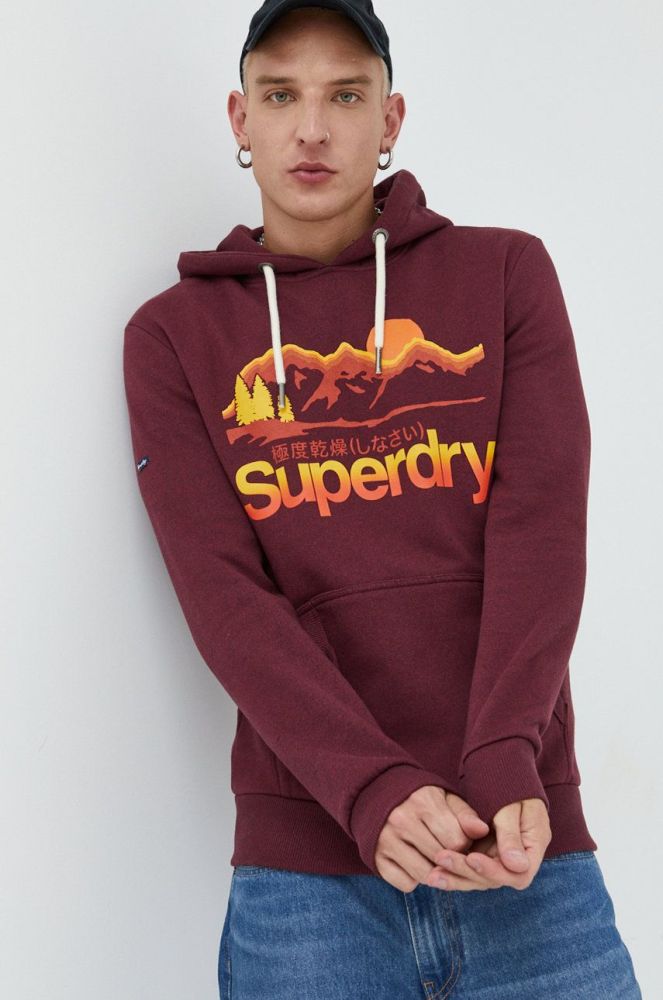 Кофта Superdry чоловіча колір бордовий з капюшоном з принтом