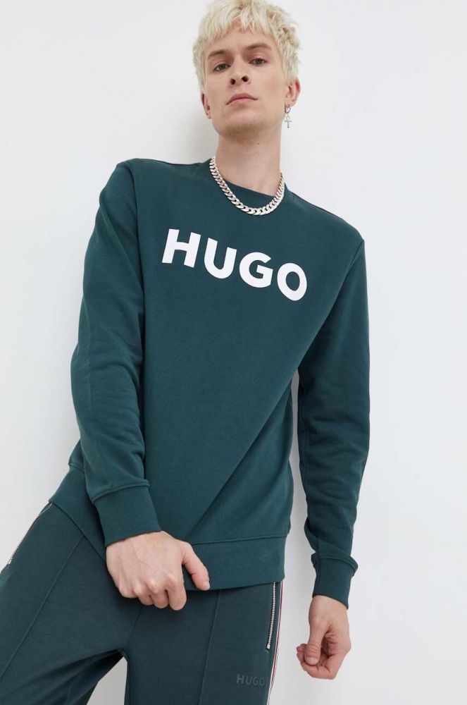Бавовняна кофта HUGO чоловіча колір зелений з принтом (3603762)