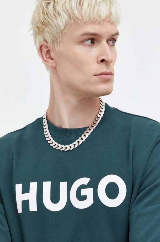 Бавовняна кофта HUGO чоловіча колір зелений з принтом (3603762) фото 4