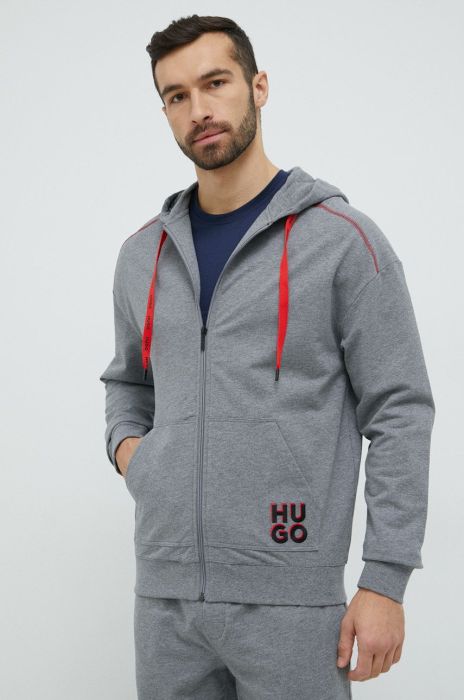 Бавовняна кофта лаунж HUGO чоловіча колір сірий з капюшоном з аплікацією