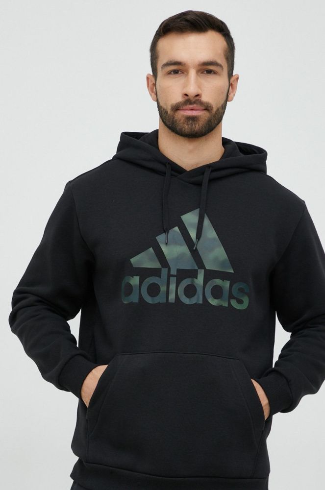 Кофта adidas чоловіча колір чорний з капюшоном з принтом (2840084)