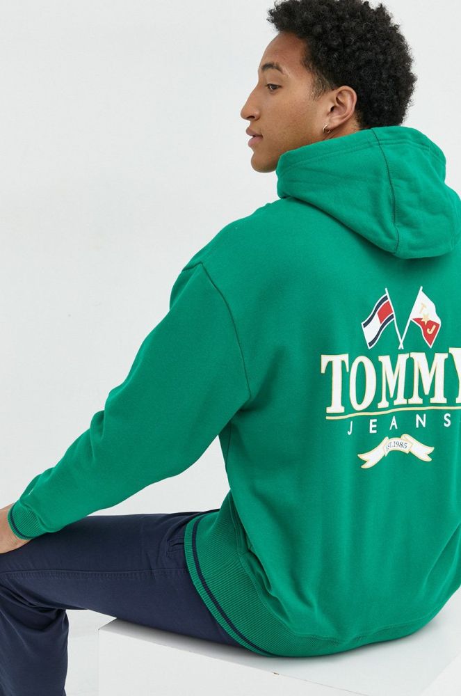 Бавовняна кофта Tommy Jeans чоловіча колір зелений з капюшоном з принтом (2844743)