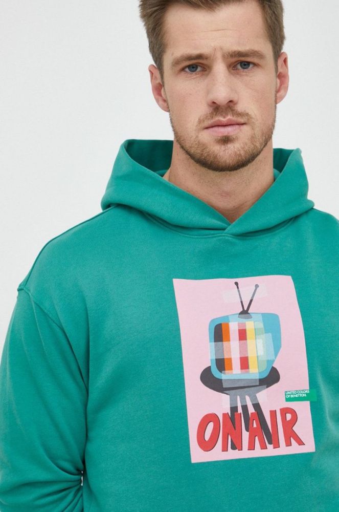 Кофта United Colors of Benetton чоловіча колір зелений з капюшоном з принтом фото 3