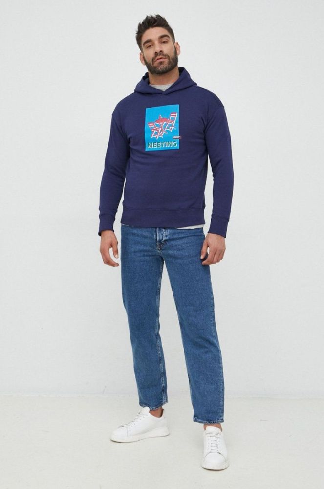 Кофта United Colors of Benetton чоловіча колір синій з капюшоном з принтом фото 2