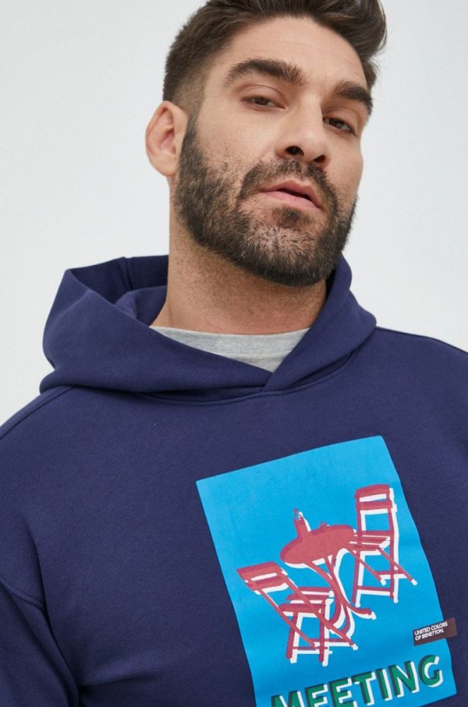 Кофта United Colors of Benetton чоловіча колір синій з капюшоном з принтом фото 4