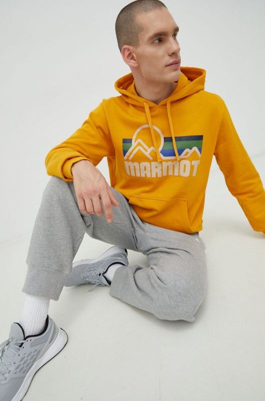 Кофта Marmot Coastal чоловіча колір жовтий з капюшоном з принтом фото 2