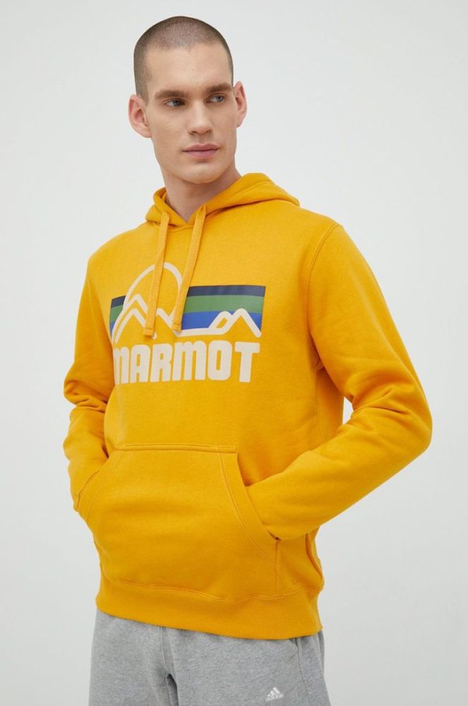 Кофта Marmot Coastal чоловіча колір жовтий з капюшоном з принтом фото 4