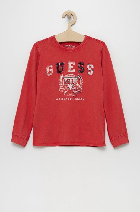 Дитячий бавовняний лонгслів Guess колір червоний з аплікацією (2477454)