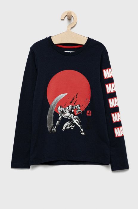 Дитячий бавовняний лонгслів Jack & Jones колір синій з принтом