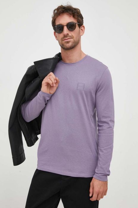 Бавовняний лонгслів BOSS BOSS CASUAL колір фіолетовий з аплікацією