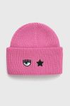 Шапка з домішкою вовни Chiara Ferragni колір рожевий з товстого трикотажу Шапка з домішкою вовни Chiara Ferragni колір рожевий з товстого трикотажу