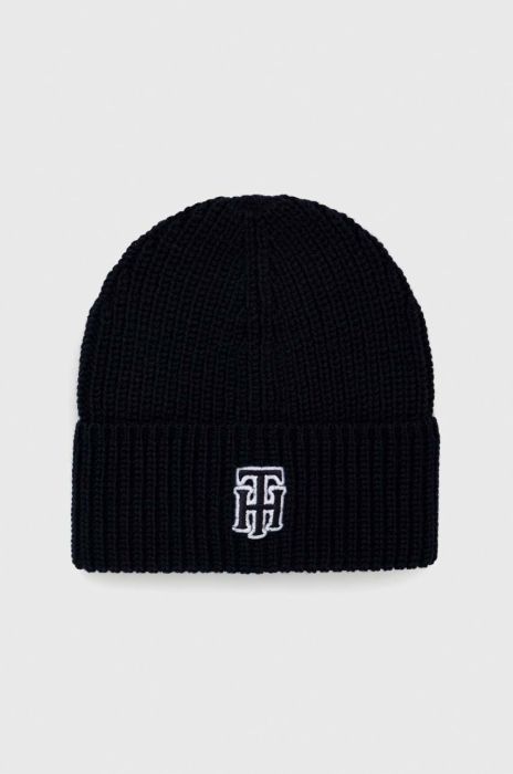 Вовняна шапка Tommy Hilfiger колір синій з товстого трикотажу вовна