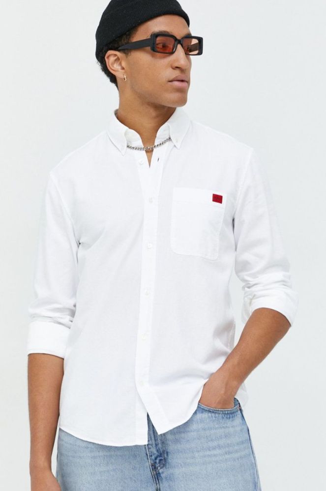 Бавовняна сорочка HUGO чоловіча колір білий slim комір button-down фото 2