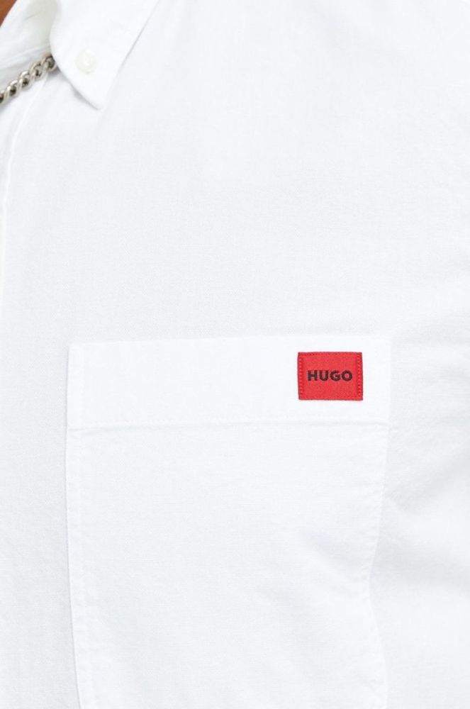 Бавовняна сорочка HUGO чоловіча колір білий slim комір button-down фото 4